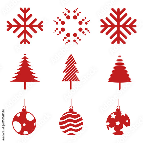 Red Christmas vector collection includes modern and classic symbols like snowflakes, pine trees, baubles, and candy canes, designed in a unified red theme