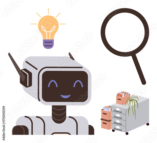 Smiling robot with idea light bulb, magnifying glass, and file cabinets with documents. Ideal for innovation, automation, organization, research, technology, efficiency and creative solutions
