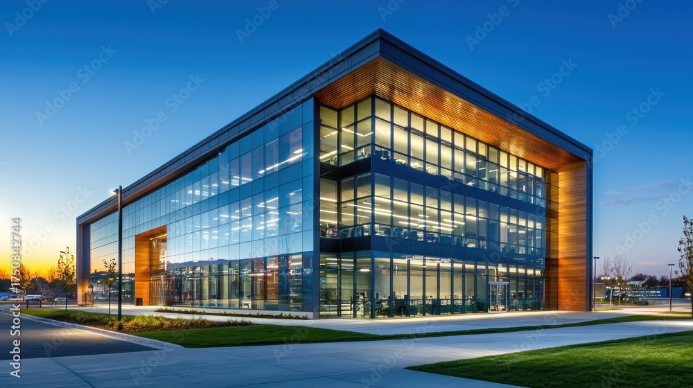 Obraz premium Contemporary office building facade with reflective glass and dynamic lighting.