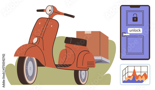 Vintage scooter carrying delivery box, locked door with unlock button, and data graph. Ideal for delivery, logistics, online security, technology, data analytics transportation automation. Simple