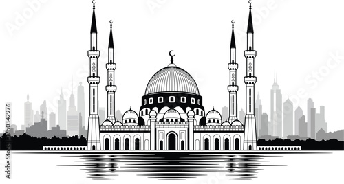 Detailed Mosque Architecture Illustration with Cityscape Reflection