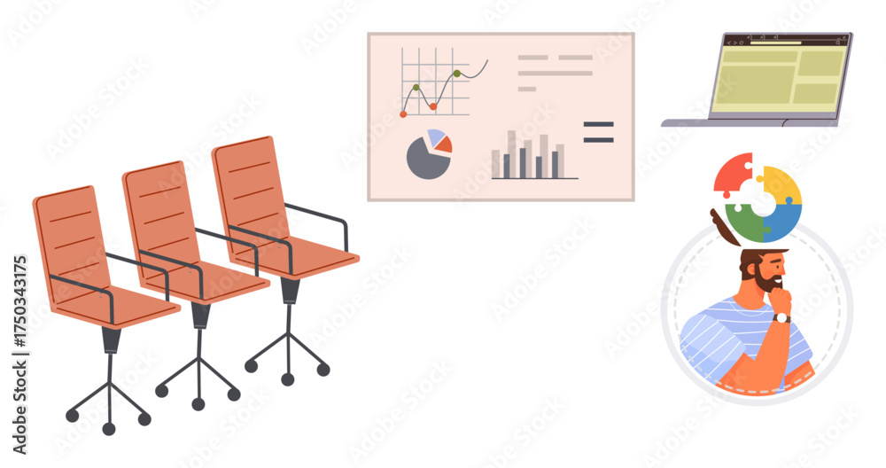 Fototapeta premium Office chairs aligned, data chart with graphs, laptop, and man with puzzle pieces representing ideas, problem-solving, and collaboration. Ideal for teamwork, strategy, office culture data analysis
