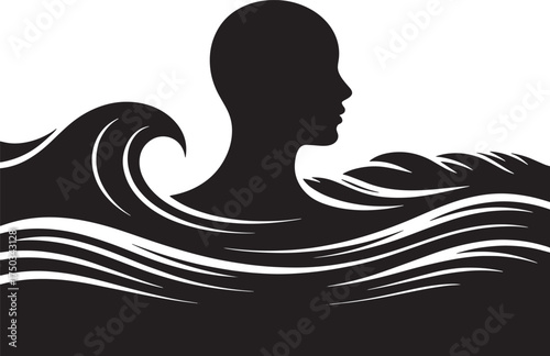 Female Silhouette Submerged in Wavy Water Abstract Illustration