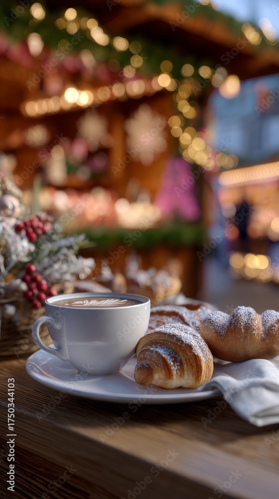 Fototapeta premium Cozy outdoor cafe table with croissants and coffee at festive holiday market