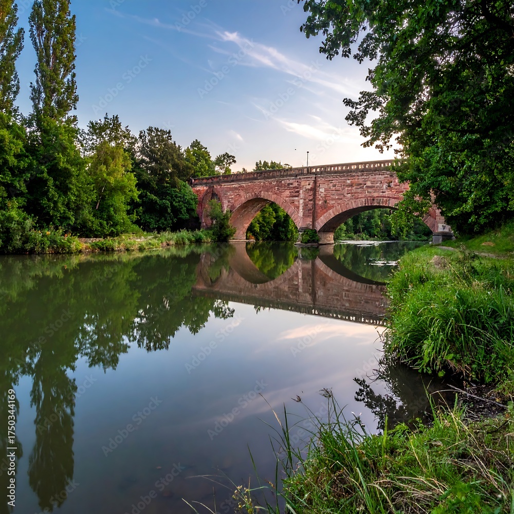 Fototapeta premium Stone bridge over a calm river with lush greenery and bright sky