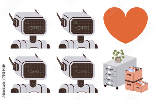 Four robot agents labeled Agent 01-04, a red heart, a cabinet with drawers, and file boxes represent AI-human collaboration, organization, and innovation. Ideal for AI evolution, workplace tech, data