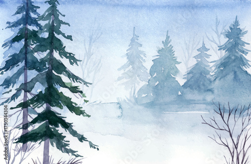 Misty Winter Forest Watercolor Painting with Pine Trees