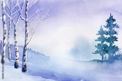 Winter Watercolor Landscape with Birch Trees and Pine