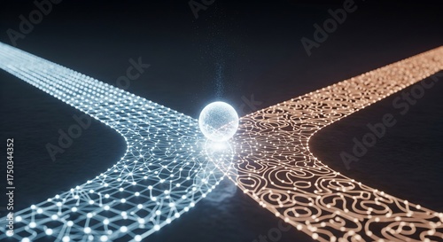 Conceptual illustration of a pivotal decision at a futuristic crossroads, with a luminous sphere illuminating two diverging technological pathways