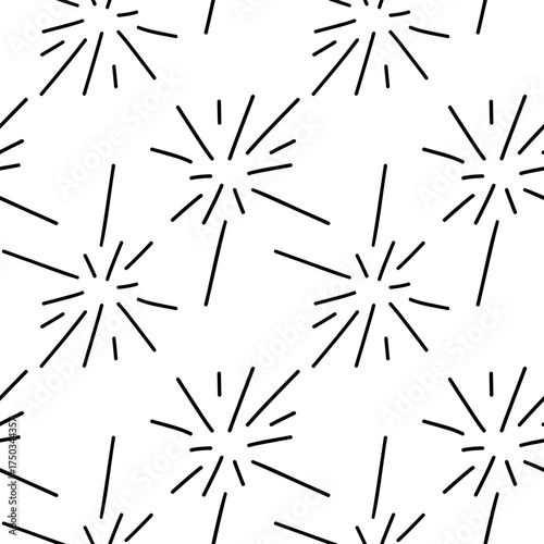 Seamless black and white firework pattern with abstract lines on white background.