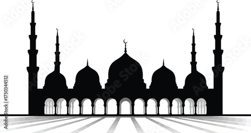 Mosque Silhouette Illustration with Domes and Minarets Islamic Religious Building