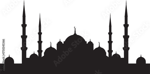 Silhouette of Muslim Mosque with Domes and Minarets Vector Illustration