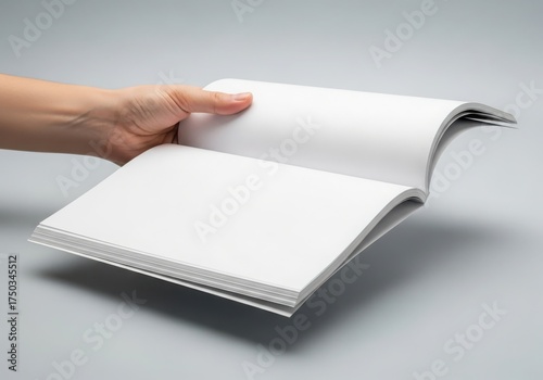 Hand opening a blank white magazine or booklet, showcasing empty pages for content, design, or information layout
