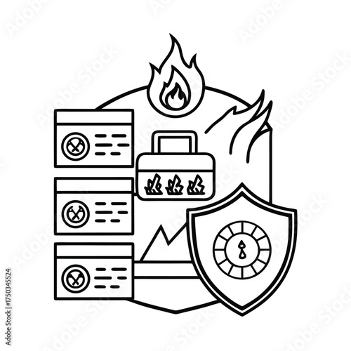 Cybersecurity firewall blocking unauthorized access connection vector line art on white background