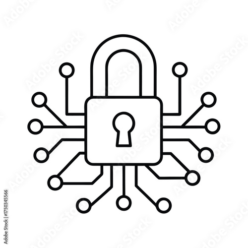 Cybersecurity lock made of binary code and data flow encryption vector line art on white background