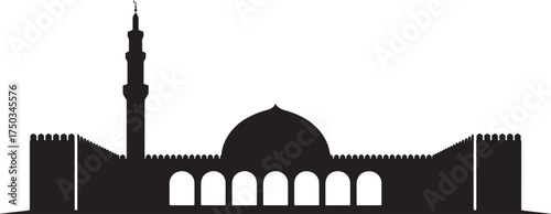 Silhouette of Muslim Mosque with Minaret and Archway Vector Illustration