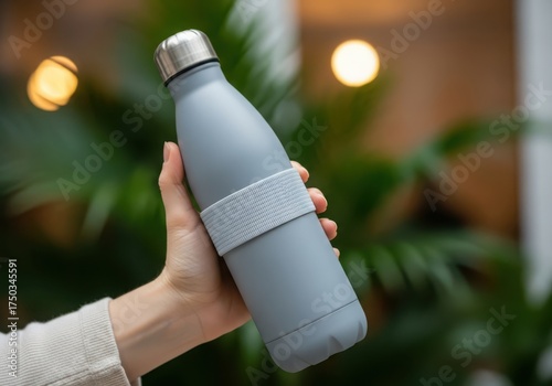 Persons hand holding a light gray reusable water bottle with a patterned band, against a blurred background of green foliage