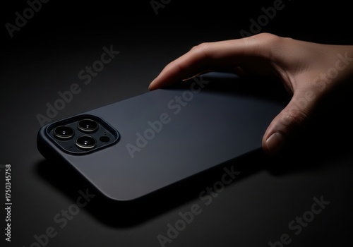 Closeup of a hand holding a dark blue smartphone, showcasing its sleek design and camera lens in dramatic lighting
