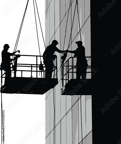 Window Cleaners in Gondola Silhouette Architecture Facade