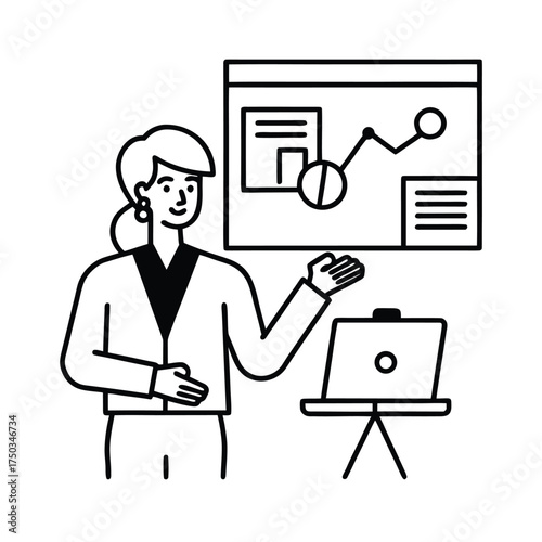 Freelance consultant presenting business strategy to clients vector line art on white background