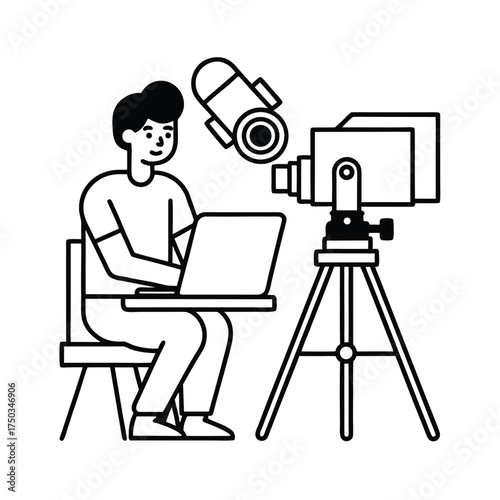 Freelance photographer editing images on computer creative studio vector line art on white background