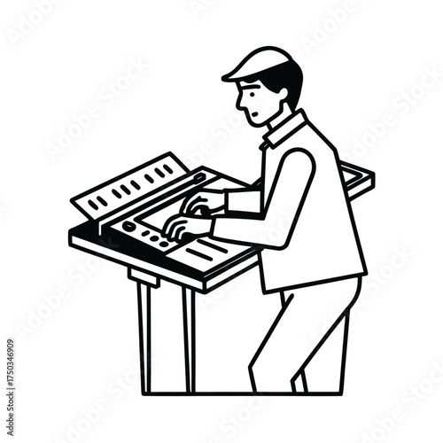 Freelance musician composing music using digital audio equipment vector line art on white background