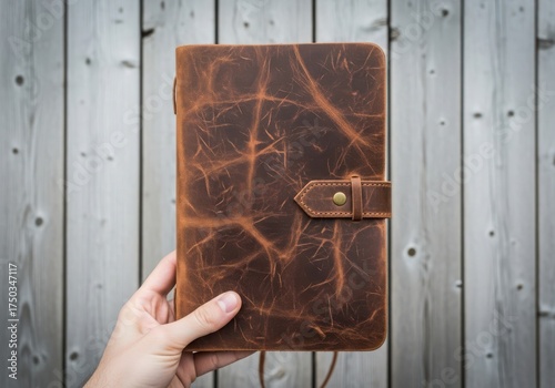 A hand holding a vintage, distressed leather journal with a strap closure, against a wooden wall