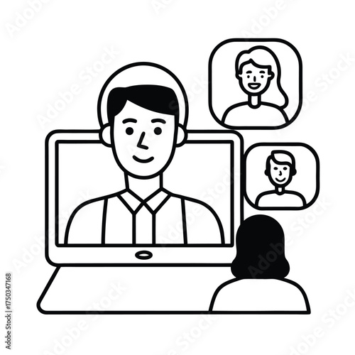 Freelancer attending virtual meeting with clients through video call communication concept vector line art on white background