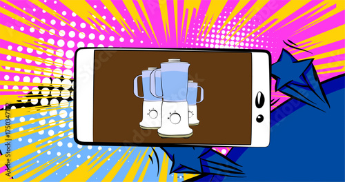 Cartoon Smartphone, comic book Telephone with Food Blender. Retro vector comics pop art design.