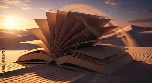 An open book made from paper crafted with desert sand pages lies on sand dunes at sunset with warm golden light casting long shadows across the desert landscape.