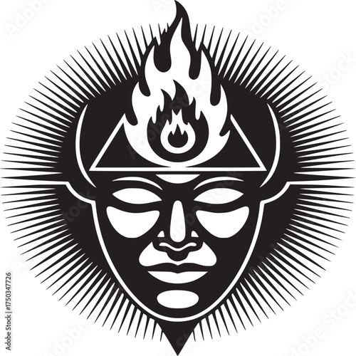 Mysterious face with flaming third eye, powerful occult symbol for enlightenment and spiritual awakening