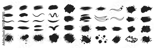 A diverse set of black brush strokes, ink splatters, and abstract marks, presented as individual elements on a clean white background for versatile design applications.