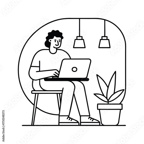 Online freelancer working from coworking space professional remote concept vector line art on white background