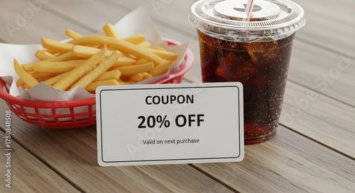 A close-up shot of a 20% off coupon with french fries and a soft drink on a wooden table with a promotional and discount mood.