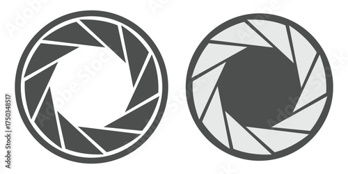 Camera lens icon set. Camera objective, lens aperture, diaphragm and camera shutter lens for animated film video objective opening and zoom snap. Vector illustration.