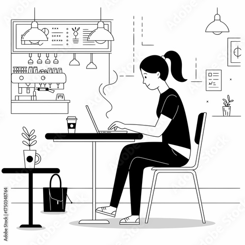 Digital Nomad at Café Table Line Art