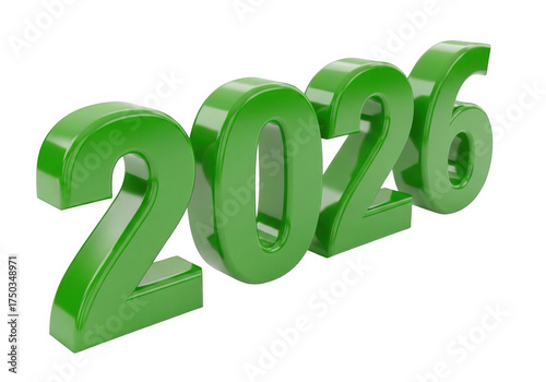 Glossy green 3d numbers representing the year 2026 isolated on transparent background