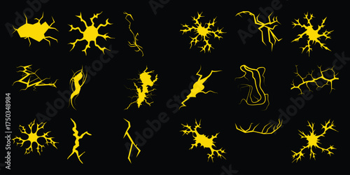 Collection of Yellow Lightning Bolt and Crack Graphics on Black Background