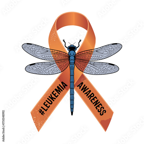 Orange leukemia awareness ribbon with a dragonfly