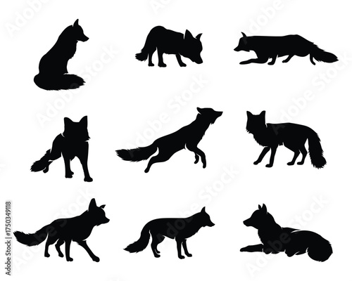 fox set collection pack bundle black shape icon silhouette vector flat illustration design on white background