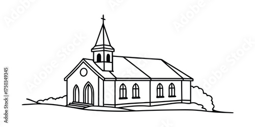 Single line village church sketch architecture faith community heritage vector line art on white background