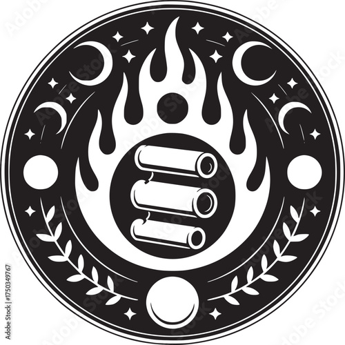 Mystic emblem with celestial fire, starry night, and ancient scrolls for magical designs and spiritual themes