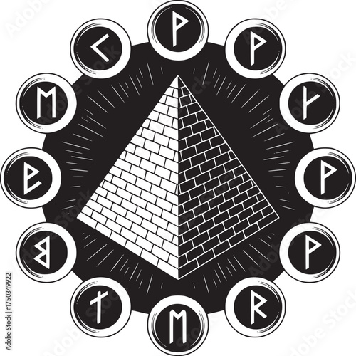Intricate pyramid design surrounded by mystic runes creates powerful spiritual symbol art