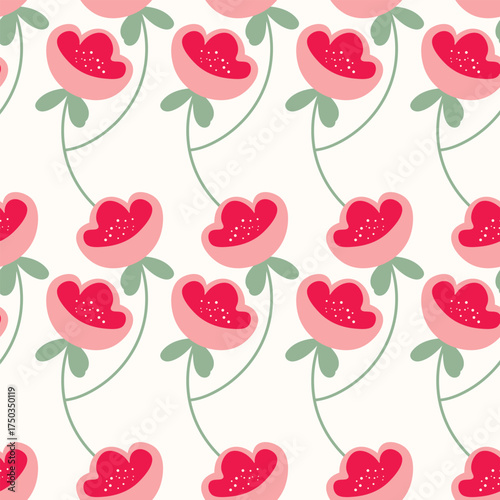 Seamless floral pattern based on traditional folk art ornaments. Colorful flowers on light background. Scandinavian style. Sweden nordic style. Vector illustration. Simple minimalistic pattern.