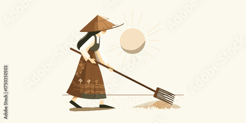 Minimalist vector art of a female farmer in traditional dress with a non la hat, diligently raking the ground in a sunlit field, symbolizing heritage and labor