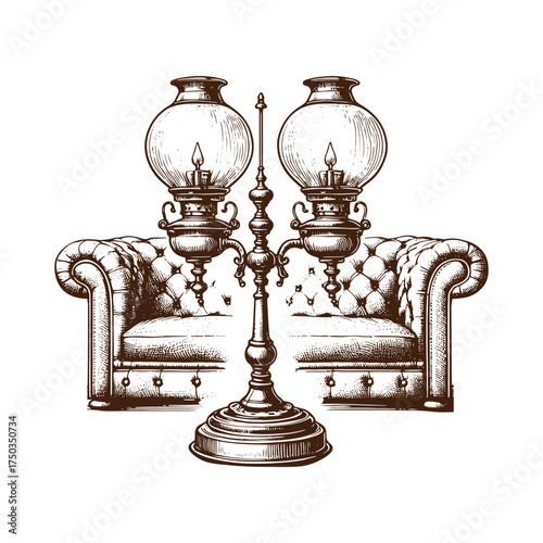 Vintage Three-Light Oil Lamp with Victorian Furniture