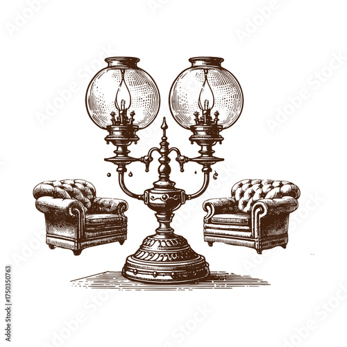 Vintage Three-Light Oil Lamp with Victorian Furniture