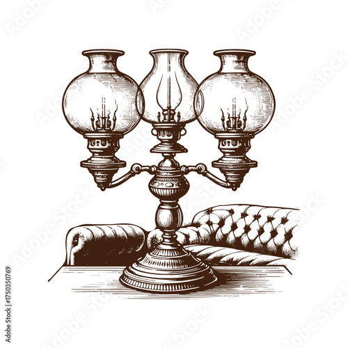 Vintage Three-Light Oil Lamp with Victorian Furniture
