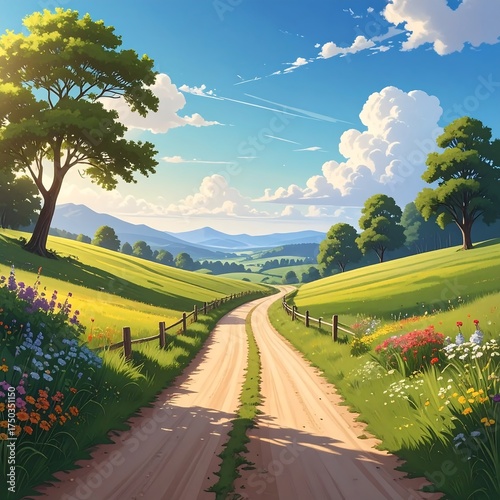 Animated scenic view of a country road under a bright, sunny sky