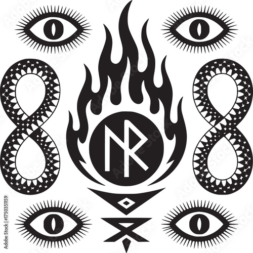 Intricate black and white occult design featuring eyes, infinity snakes, flames, and geometric shapes